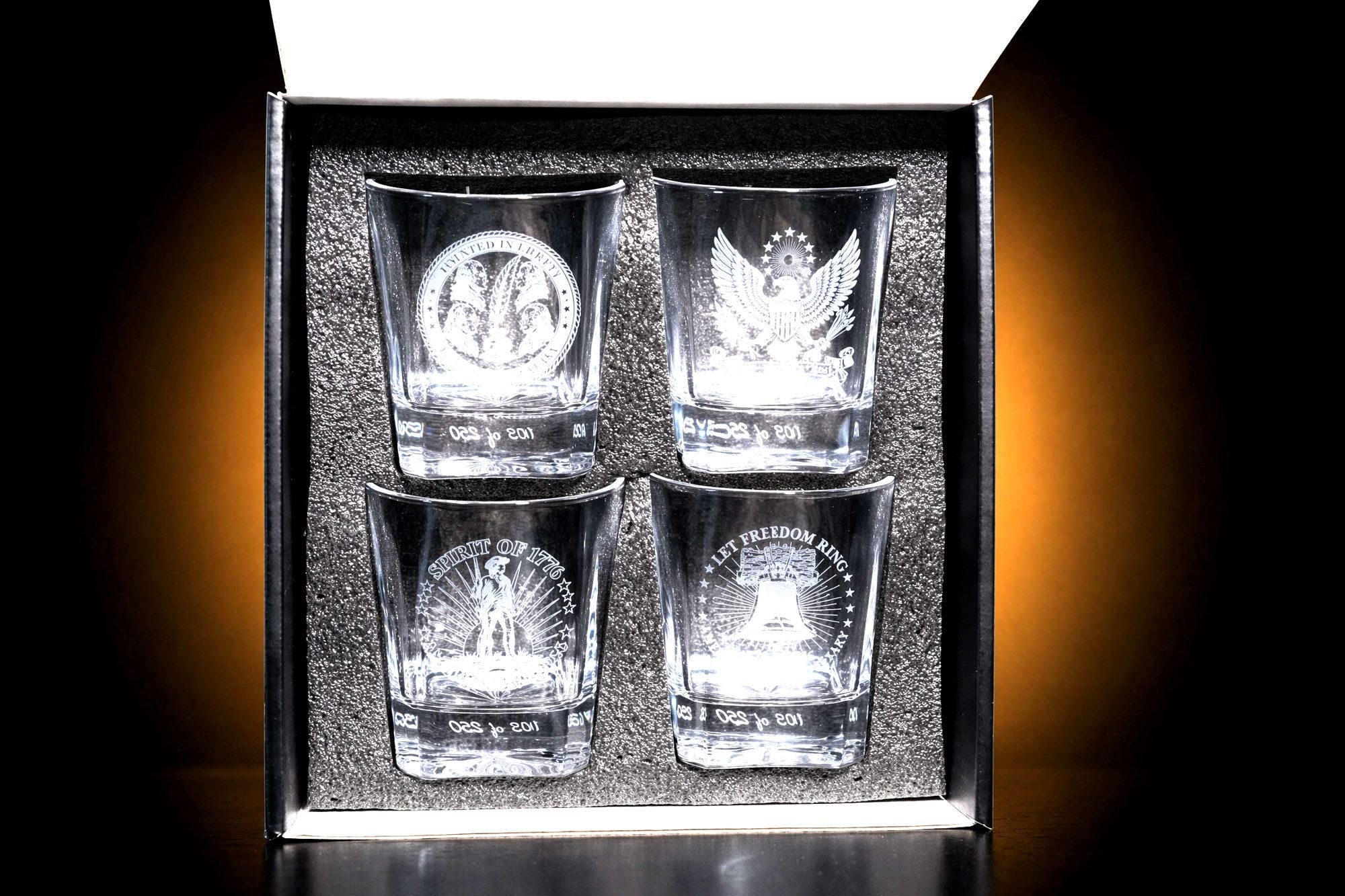 America 250 set of 4 laser-etched whiskey glasses, numbered limited edition in gift box