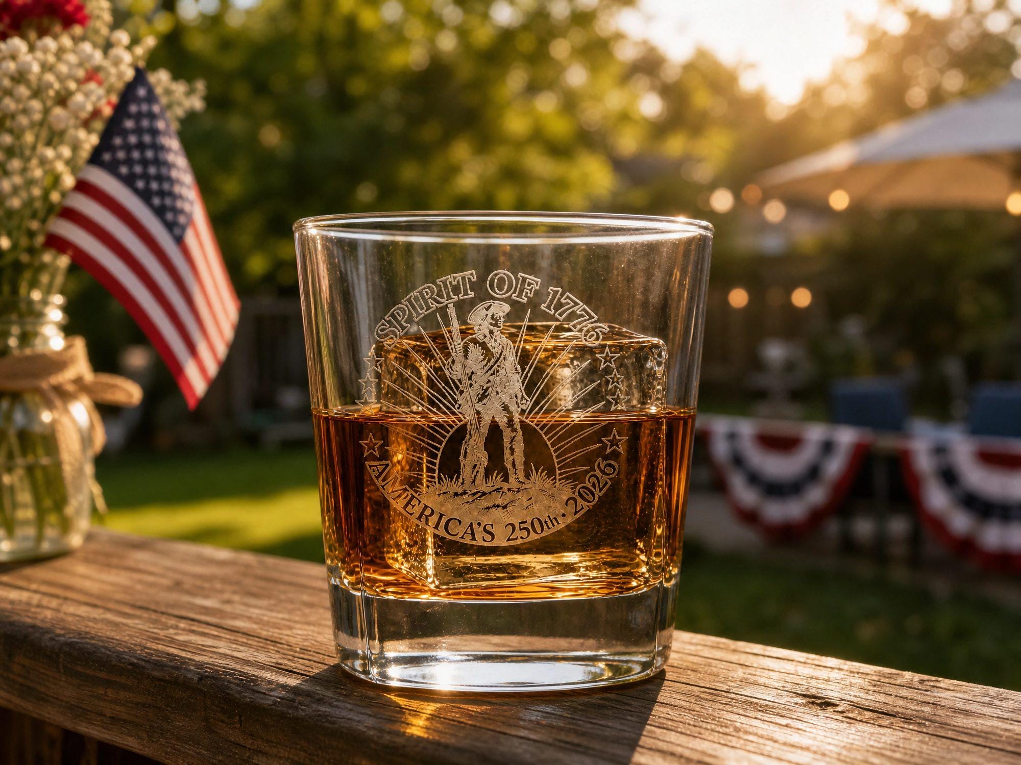 Spirit of 1776 eagle laser-etched whiskey rocks glass, patriotic backyard setting