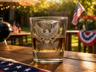 America 250 laser-etched whiskey glass with bourbon, American flag backyard, limited-edition set of 4 (1776-2026)