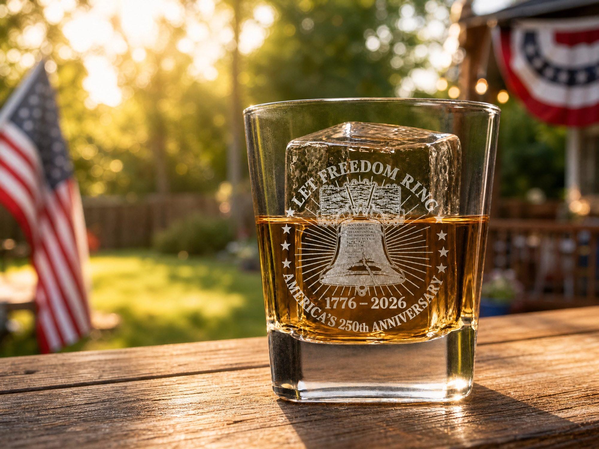 Let Freedom Ring Liberty Bell laser-etched whiskey rocks glass with American flag