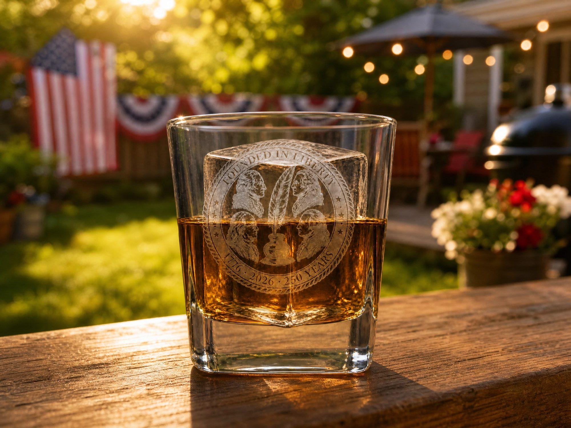 Founded in Liberty laser-etched whiskey rocks glass, America 250 backyard